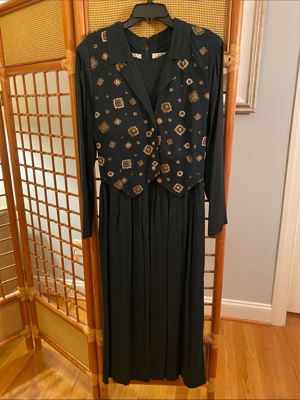 Black Long-Sleeve Maxi Dress with Embellished Vest Detail